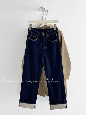 深藍牛仔褲👖 高腰彈性顯瘦直筒長褲