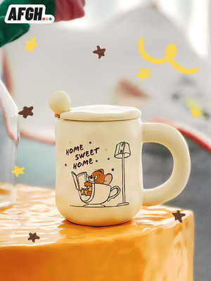 華納正版AFGH貓和老鼠馬克杯奶油色帶勺JERRY陶瓷水杯早餐杯帶蓋
