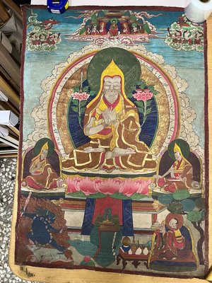 黃教三祖師宗喀巴老唐卡西藏傳佛教藝術實物喇嘛仁波切加持頌經用善心地集一切大自然礦物顏料繪製成殊勝圓滿的佛畫壇城西藏老文物