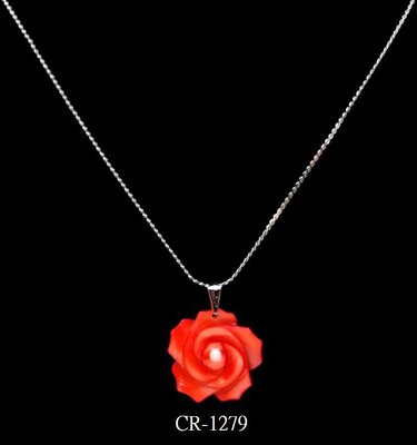 CR-1279 MOP染淺紅色雕刻花墬子(20MM)+粉紅珊瑚圓珠(3MM )+鍍k白項鍊18”