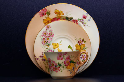 英國皇家伍斯特 ROYAL WORCESTER 象牙暈底色  手繪 野玫瑰 花束 杯碟點心盤三件組