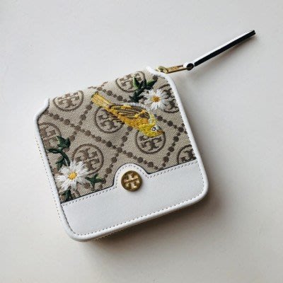 現貨-Tory Burch TB 80857 短款拉鏈包面料采用復古提花與真皮內格調色的搭配短夾 錢夾 皮夾簡約