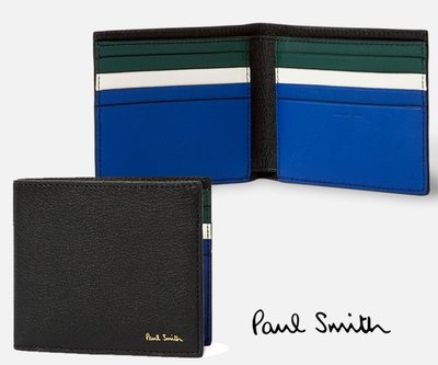Paul Smith  ( 黑色×綠藍白色 )  真皮兩摺短夾 錢包 皮夾 中性款｜100%全新正品｜特價!