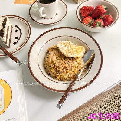 包子の屋7C LittleStar【關注領券】韓風ins陶瓷餐盤復古棕線芝麻點沙拉碗甜品盤西餐盤