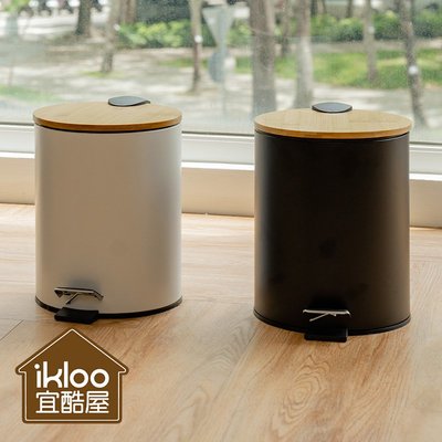 【ikloo】日式竹蓋靜音緩降腳踏式垃圾桶5L PBL94 (竹蓋/腳踏式/緩衝蓋/雙層垃圾桶/圓形垃圾桶/臥室垃圾桶)