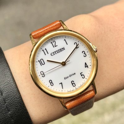 現貨 可自取 CITIZEN EM0578-17A 星辰錶 手錶 30mm 光動能 白面盤 金色錶圈 橘色皮錶帶 女錶