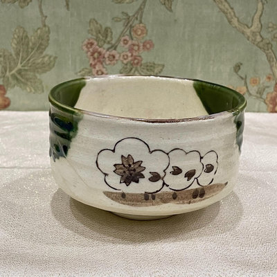 新 日本名家加藤五陶手作櫻花綠織布抹茶碗，