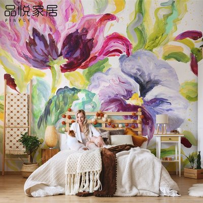 壁紙 貼紙 壁畫北歐創意抽象花卉壁紙個性涂鴉藝術墻紙臥室沙發背景壁畫無縫墻布正品 促銷