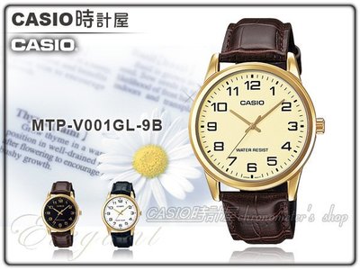 CASIO 時計屋 卡西歐手錶 MTP-V001GL-9B 男錶 石英錶 皮革錶帶 防水 礦物玻璃 保固 附發票