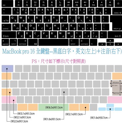 ◎訂製鍵盤貼紙優質,不反光筆記型鍵盤‧英文(左上)＋注音(右下)‧尺寸: MacBook pro 16 全鍵盤‧黑底白字
