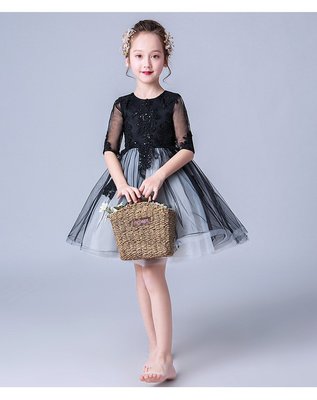 韓版女童黑色禮服 蓬蓬裙 公主裙 畢業季演出服 鋼琴演奏 花童 長袖禮服 洋裝紗裙