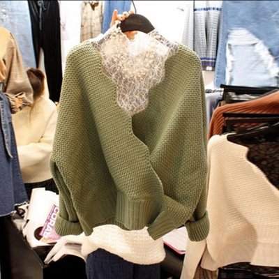 [ ohya梨花 ] =韓國帶回=最新秋冬新款名媛穿搭綠色v領毛衣+高領蕾絲兩件式套裝造型上衣