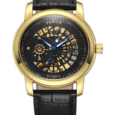 現貨男士手錶腕錶SEWOR正品機械錶外貿爆款鏤空皮帶男士全自動機械商務錶