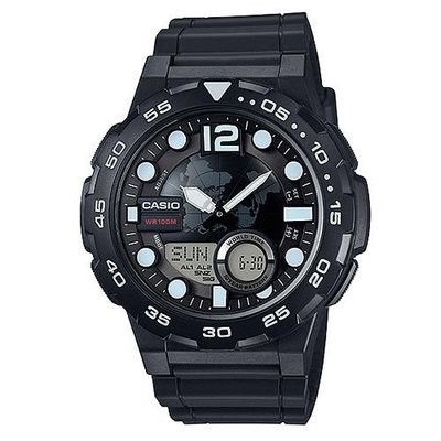 CASIO卡西歐世界時間球型地球錶面消光黑潛水風格雙顯運動錶 型號：AEQ-100W-1A