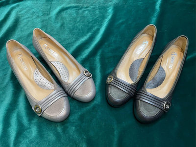 三輝皮鞋台灣製羊皮異材質拼接橫條銀扣粗跟中低跟鞋，銀色/黑色，零碼特價現貨MIT