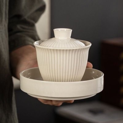 熱銷 現貨 草木灰高檔三才蓋碗壺承陶瓷敬茶杯功夫茶具茶杯單個家用泡茶碗