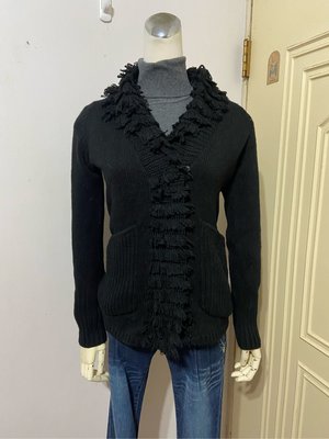 Theme專櫃品牌黑色毛圈流蘇圍領口混羊毛針織毛衣外套#34(適S)*250元直購價*