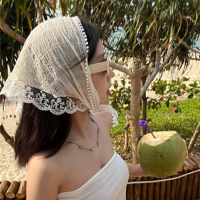 田園風蕾絲法式包頭頭巾發帶絲巾帽薄款復古女海邊三角巾白色夏季