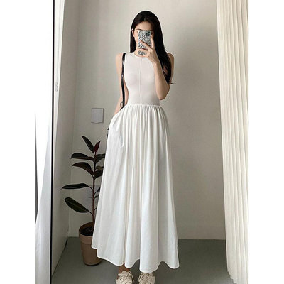 法式白色背心裙 無袖氣質洋裝 設計感長裙 收腰顯瘦裙子