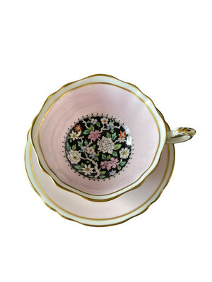 英國骨瓷帕拉貢paragon粉色黑底波浪型杯盤