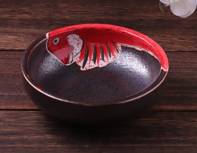復古鯉魚陶瓷碗  陶瓷碗 前菜碗 沙拉碗 復古 紅色 黑色 居酒屋 日式古風碗 湯碗【小雜貨】