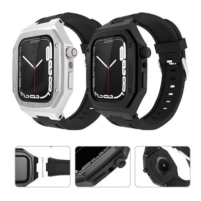 金屬AP改裝殼錶帶 適用於Apple Watch 4 5 6 7 SE代 硅膠錶帶 金屬不鏽鋼錶帶 44mm 45mm 七佳錶帶配件