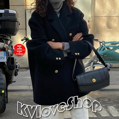 KVLOVE SHOP〥韓風 chic 時尚黑色雙排扣小寬鬆羊毛呢西裝領外套大衣〥