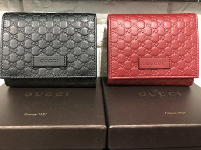 全新Gucci 經典 小LOGO 壓紋 牛皮 三折 短夾 黑 紅 歐洲 法國 購回 新品 可分期 最高 24期 0利率
