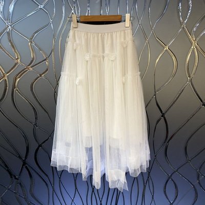 現貨-網紗花朵褶皺純色半身裙女夏季新款歐美法式時尚氣質3DD簡約