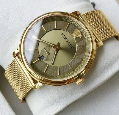 VERSACE V-Circle 金色錶盤 金色不鏽鋼編織網眼錶帶 石英 男士手錶 VBQ070017