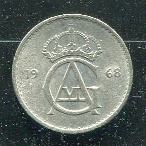 【錢幣】SWEDEN(瑞典),10 ORE,K835,1968 #206905 ,品相9新AU