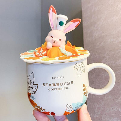 【熱賣精選】星巴克杯子中秋節片片楓葉陶瓷馬克杯帶蓋辦公室家用可愛兔子水杯