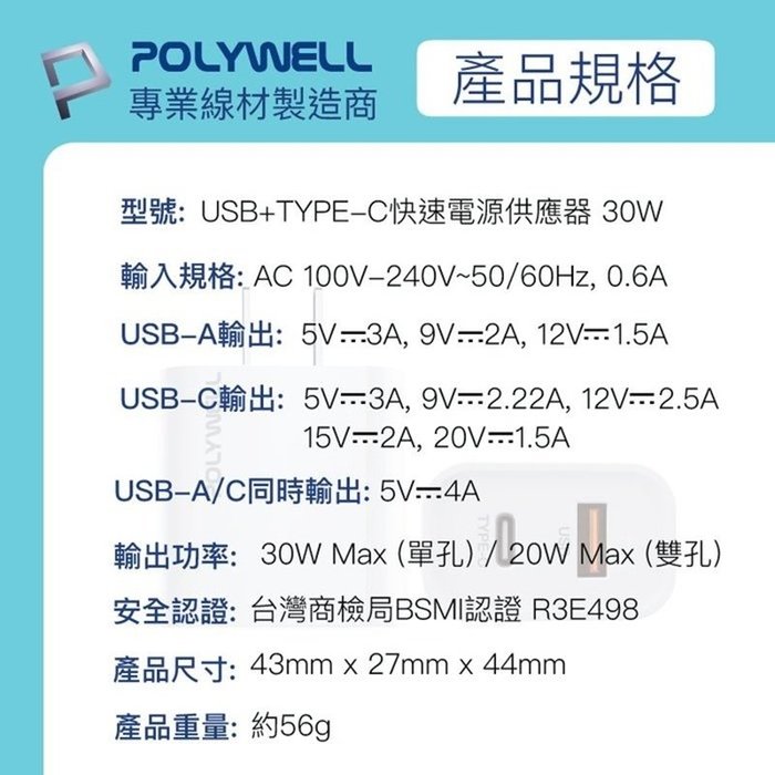 【珍愛頌】寶利威爾 PD雙孔快充頭 30W 充電器 豆腐頭 蘋果 iPhone iPad Type-C POLYWELL