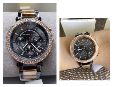 MICHAEL KORS PARKER 水鑽圈 玫瑰金色青銅黑色 雙色不鏽鋼錶帶 三眼計時 石英 女士手錶 MK6440腕錶