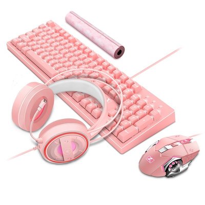 現貨 機械鍵盤粉色少女心發光真機械手感鍵盤鼠標套裝女生可愛網紅有線筆記本電腦外設電競游戲專用辦公打字耳機三件套靜音