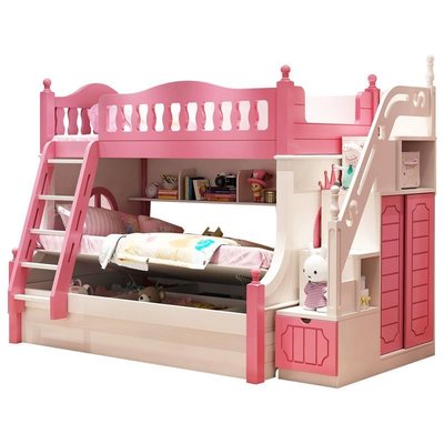 現貨熱銷·免運 兒童床上下床女孩雙層床公主粉色高低床實木子母床多功能床組合床 中大號尺寸議價