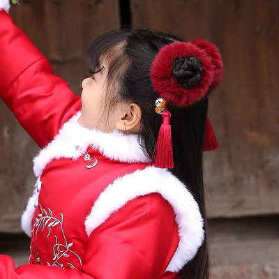 中國風毛絨流蘇發圈兒童新年古風發飾女童皮筋寶寶拜年服頭飾過年