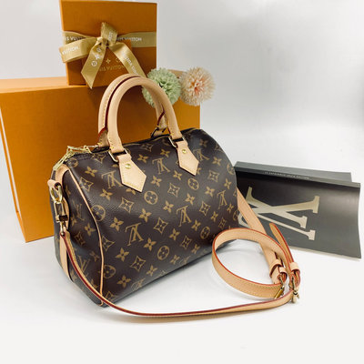【哈極品】美品《 Louis Vuitton LV 新款 老花字紋 speedy 25公分二用波士頓包/手提包/斜背包》