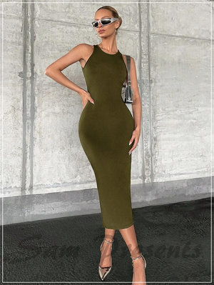 長洋裝 超美帥氣性感橄欖綠軍綠色挖洞露背 素色露背緊身彈性 歐美流行時尚女裝連身裙連衣裙長禮服有中大尺碼H5949