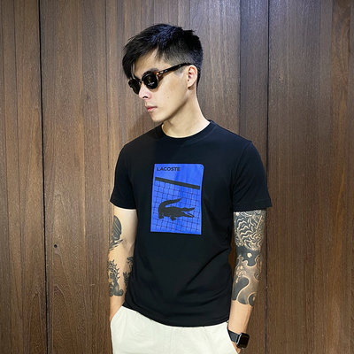 美國百分百【全新真品】Lacoste 短袖 棉質 T恤 鱷魚 上衣 T-shirt 印花 剪影 logo 黑色 CA99