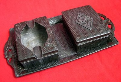 香煙盒煙灰缸組日本民藝日本古董盤子像銅器的百合花編織紋飾半浮雕刻【心生活美學】