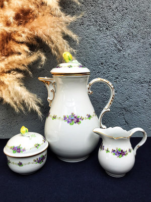 德國Meissen梅森 紫羅蘭堇花卉咖啡壺糖奶 一等品 手繪