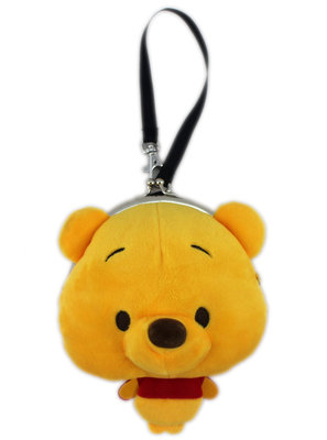 【卡漫迷】 維尼熊 絨毛 零錢包 ㊣版 小熊 維尼 雙珠扣 扣環 收納包 Pooh Winnie 立體 吊飾 吊繩 造型