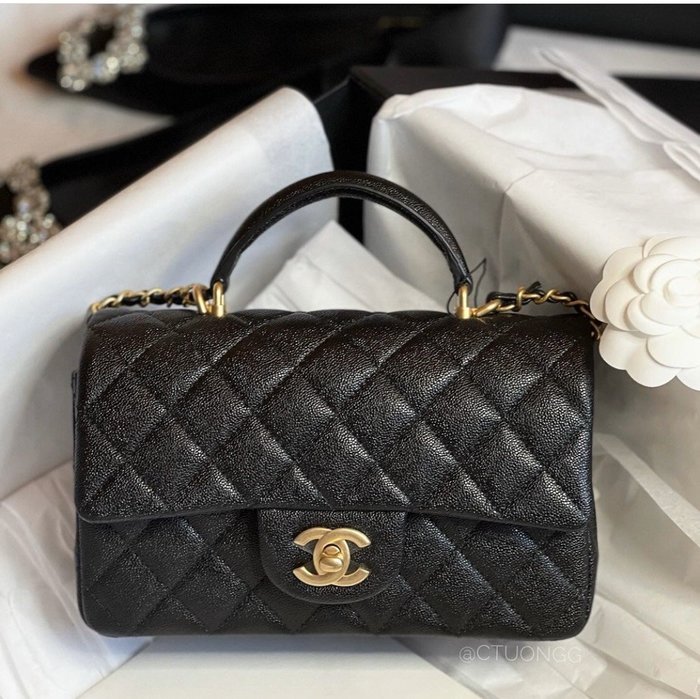 Chanel AS2431 mini flap bag top handle 金屬質感粒紋小牛皮與銀色調金屬 銀/黑 | Yahoo奇摩拍賣