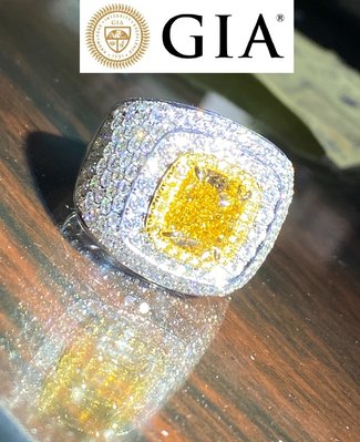 飛飛劉先生【台北周先生】天然Fancy黃色鑽石 3.17克拉 巨大 Even分布 14K金 豪華 滿真鑽男戒 送GIA證