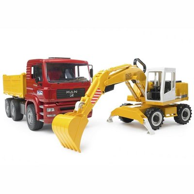 德國 BRUDER MAN 卡車裝卸車+ Liebherr 挖掘機挖土機怪手超值組/工程車/大型汽車/兒童玩具 共兩台