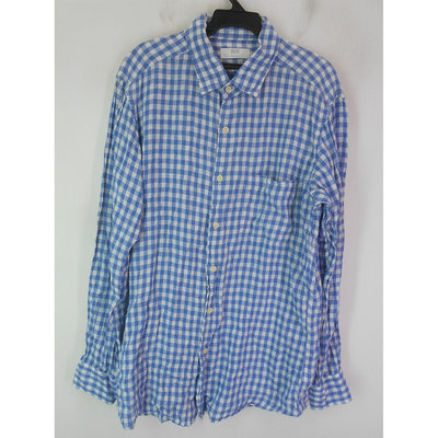 男 ~【UNIQLO】淺藍色格紋亞麻(100%)休閒襯衫 L號(5C59)~99元起標~