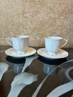 【二手】德國獅牌高足白瓷浮雕蕾絲咖啡杯24966【如意坊】霍縣窯 景德 鎮窯
