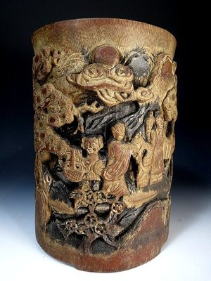 【 金王記拍寶網 】(學4) 股A159 中國名家竹雕人物紋巧雕筆筒 一件 正老件 光陰的故事 普普風 罕件稀少