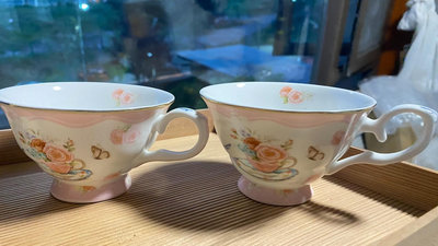 【二手】全新floris粉花咖啡杯敞口紅茶杯兩個 日本回流 陶瓷 茶杯【微淵古董齋】-947